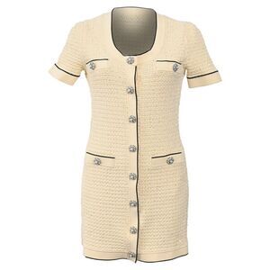 Self-Portrait Sequin Knitted U Neck Mini Dress in Cream Polyester